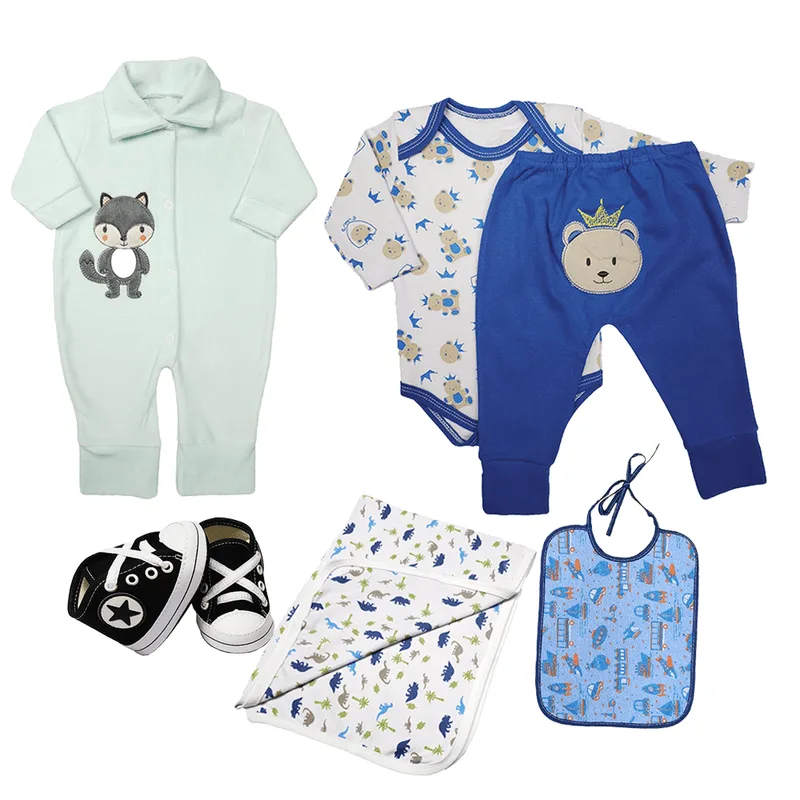 Kit Bebê 6 Pças Conjunto Body Mijão Macacão Cueiro e Babador