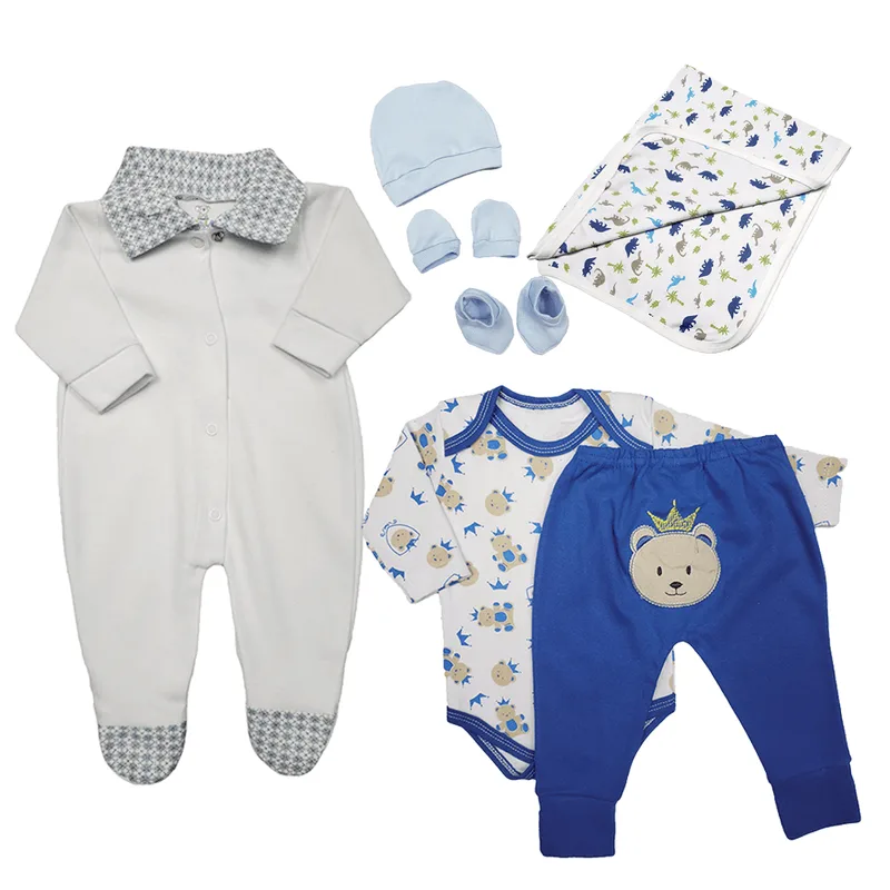 Kit Bebê 8 Pças Conjunto Body Mijão Macacão Kit Touca Cueiro