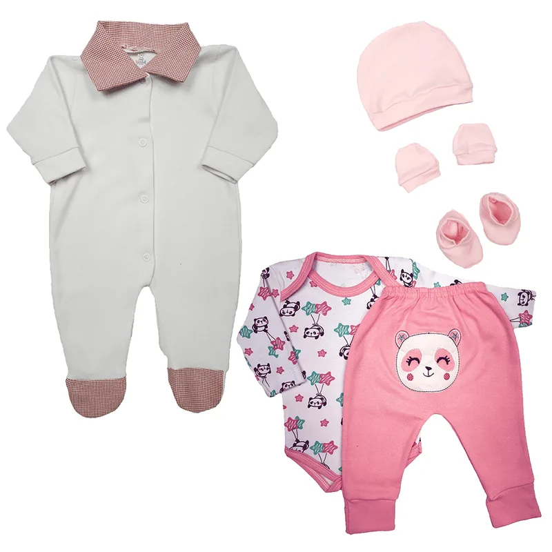 Kit Bebê 7 Peças Conjunto Body e Mijão Macacão e Kit Touca