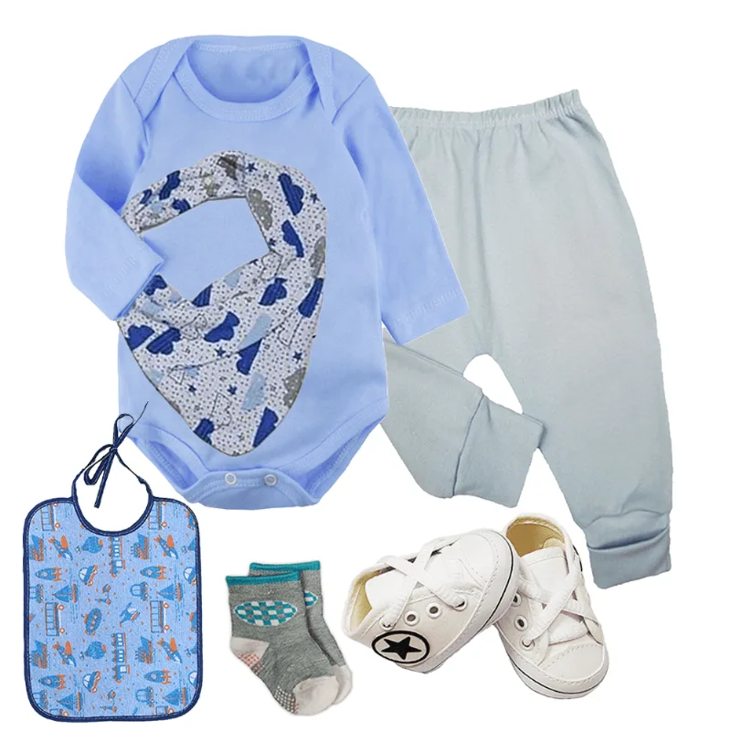 Kit Roupa de Bebê 6 Pçs Body Longo e Mijão e Babador Bandana