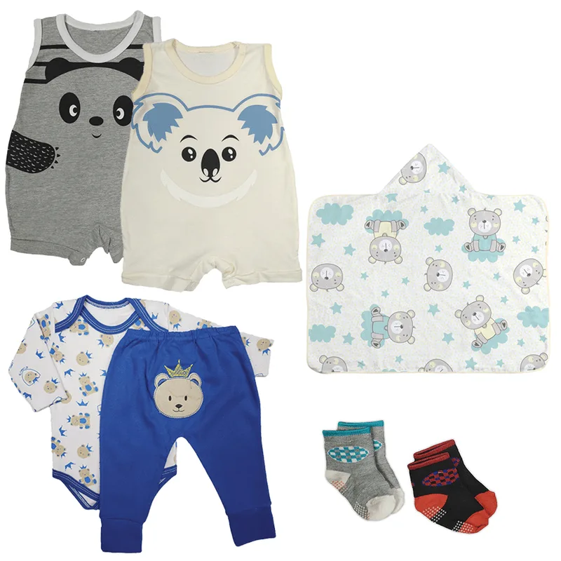 Kit Bebê 7 Peças Conjunto Body e Mijão Macacão Regata Toalha