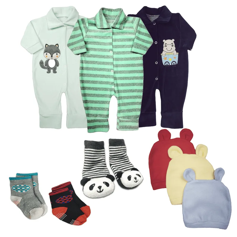 Kit Roupa de Bebê 9 Peças Macacão Plush Bordado e Acessórios