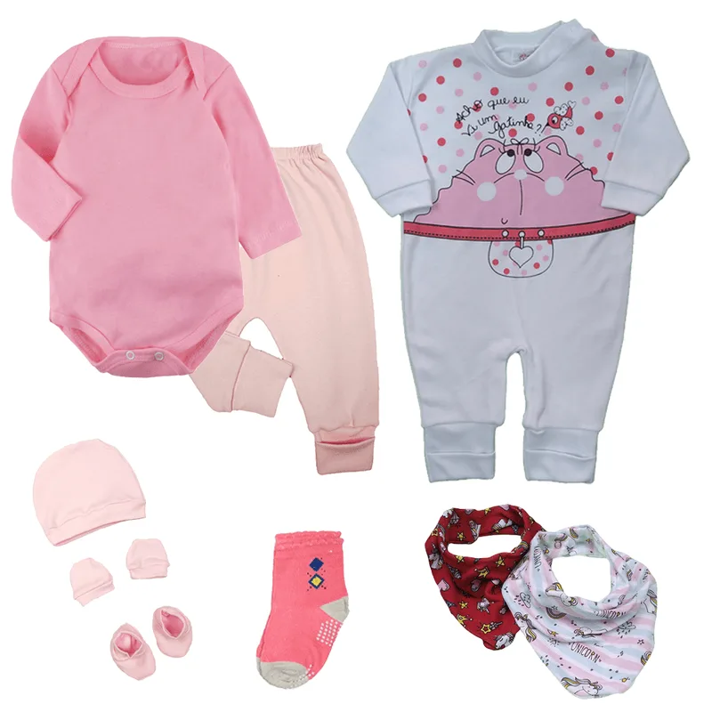 Kit Roupa de Bebê 9 Pçs Body Mijão Macacão e Acessórios Bebê