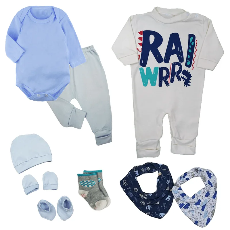 Kit Roupa de Bebê 9 Pçs Body Mijão Macacão e Acessórios Bebê