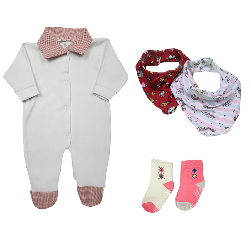 Kit Roupa de Bebê 5 Peças Macacão Gola Babador e Meias Promo