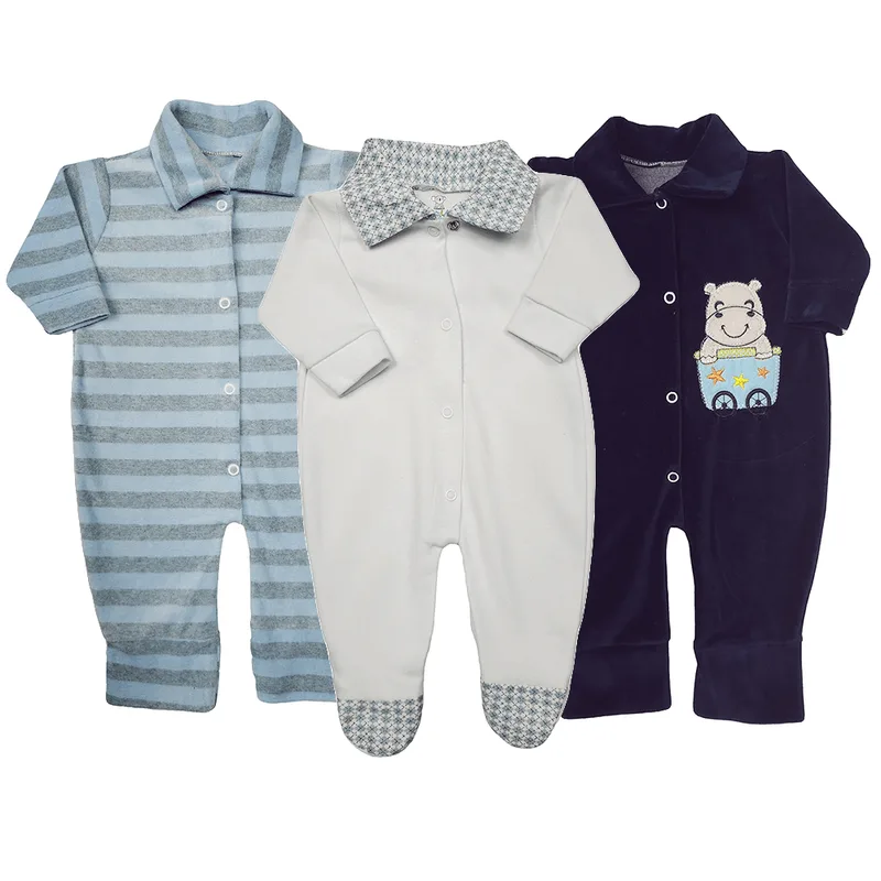 Kit Roupa de Bebê 3 Pçs Macacão Gola e Macacão Plush Bordado