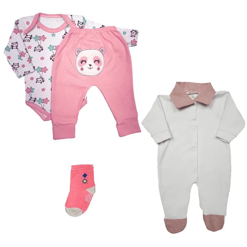 Kit Roupa de Bebê 4 Pçs Conjunto Body e Mijão e Macacão Gola