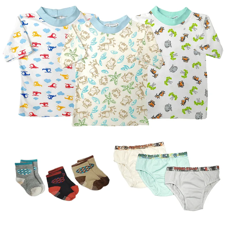 Kit Roupinhas de Bebê 9 Peças Camisetas Manga Curta e Meias