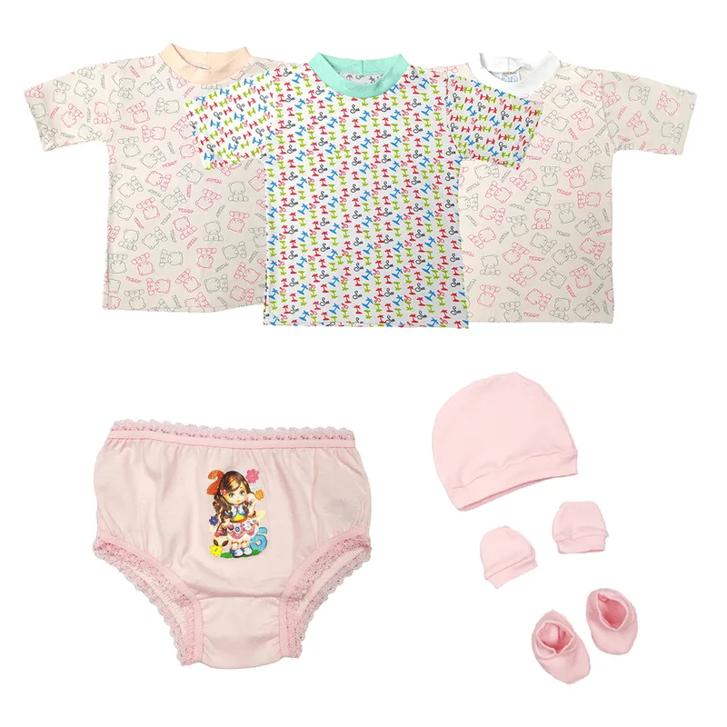 Kit Bebê 7 Pçs Camisetas e Kit Touquinhas e Acessórios Bebê