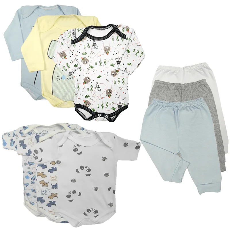 Kit Roupas de Bebê 9 Peças Body Manga Longa e Curta e Mijão