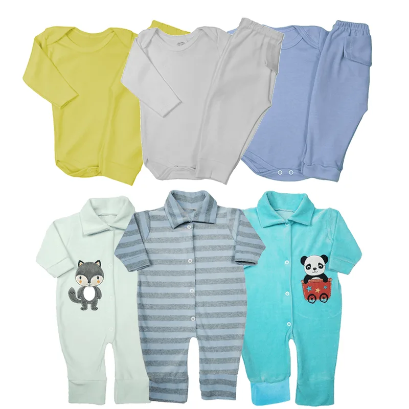 Kit Roupa de Bebê 9 Pçs Macacão Plush e Conjuntos Body Mijão