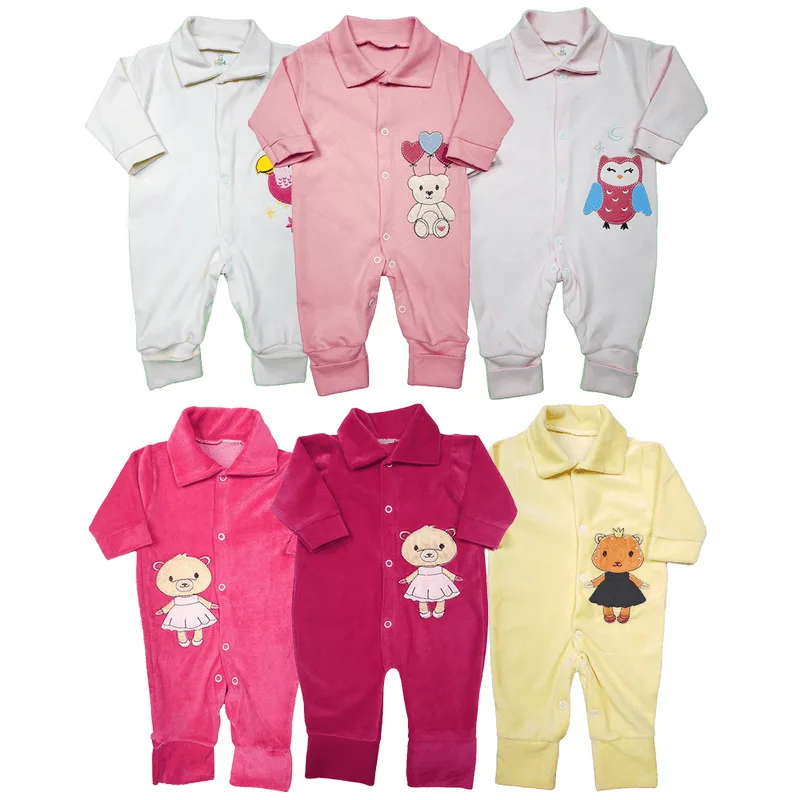 Kit de Bebê 6 Peças Macacão Suedine e Macacão Plush Bordado