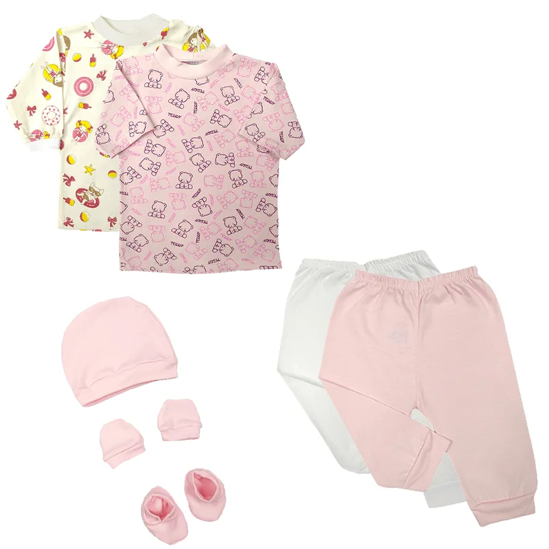 Kit Bebê 7 Peças Camisetas Curta e Longa e Mijão + Kit Touca