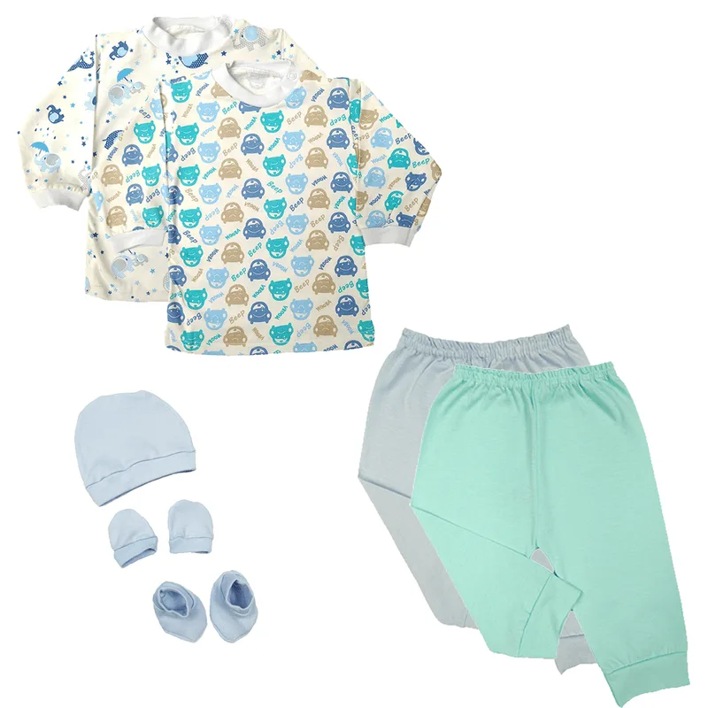 Kit Bebê 7 Pças Camiseta Manga Curta e Mijão e Kit Touquinha