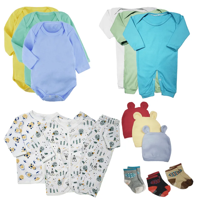 Kit Bebê 14 Peças Body Macacão Conjunto Pijama e Touquinhas