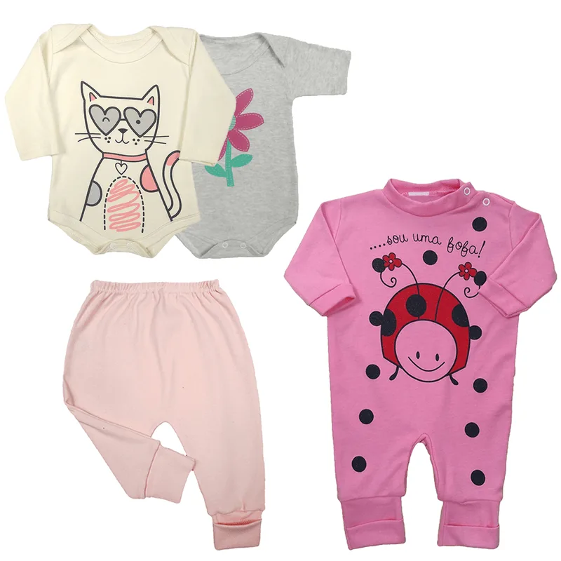 Kit Roupinhas de Bebê 4 Peças Body Mijão e Macacão Look Bebê