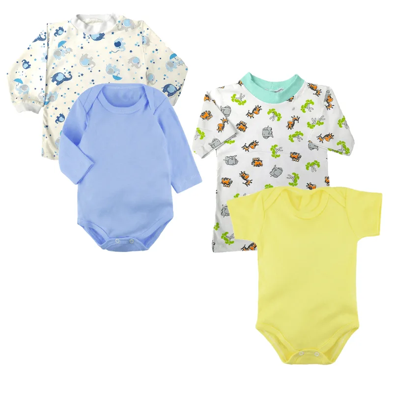 Kit Bebê 4 Peças Body Camiseta Curta e Longa Várias Estampas