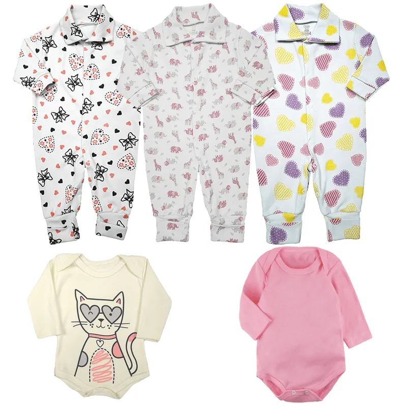 Kit Roupa de Bebê 5 Peças Macacão Longo Suedine e Body Longo