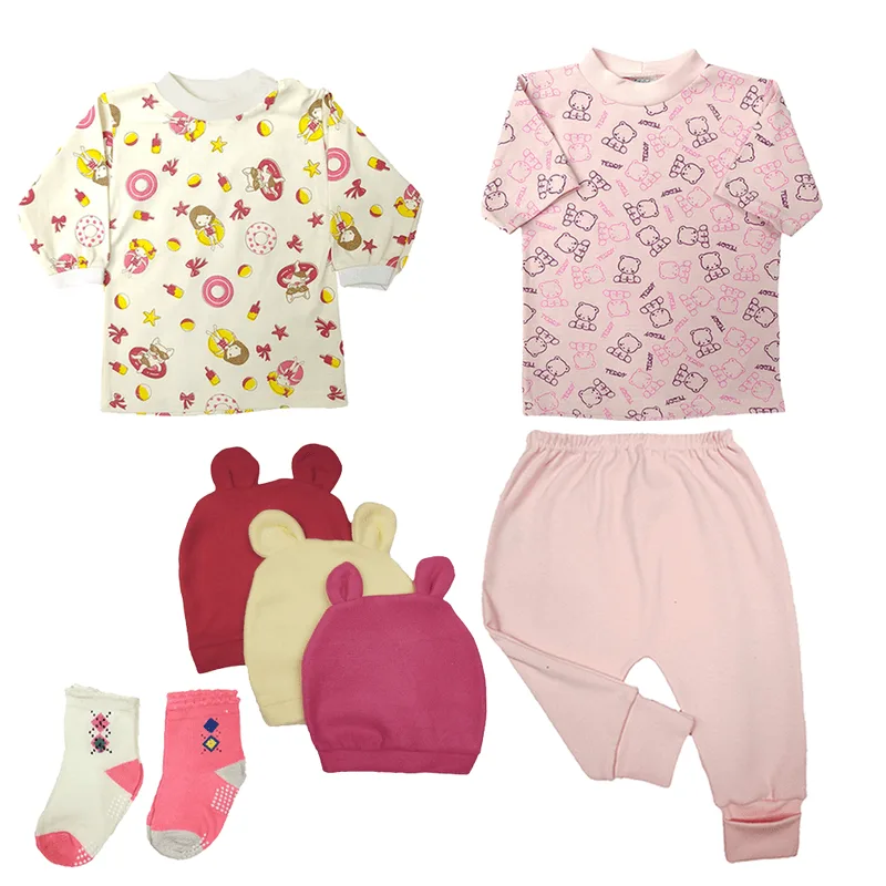 Kit Roupa de Bebê 8 Peças Camisetas Mijão Touquinhas e Meias