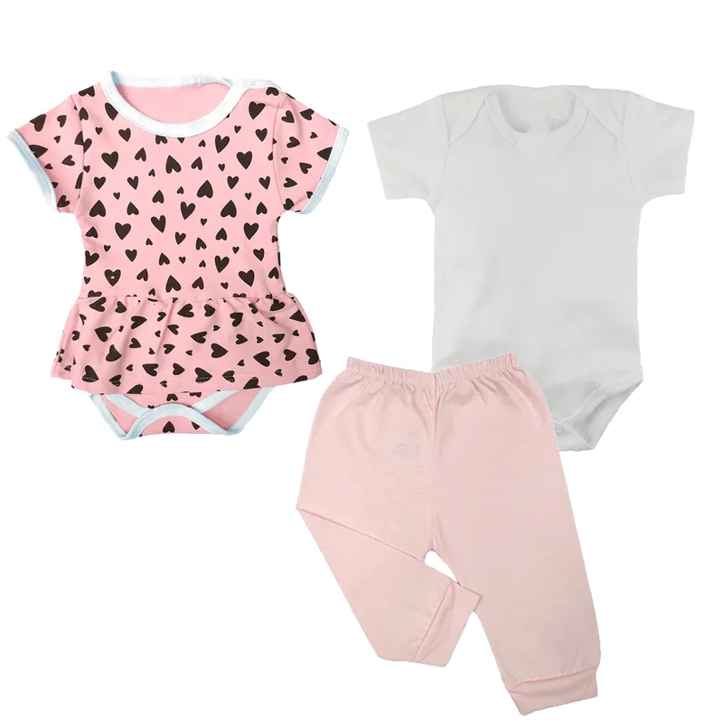 Kit Roupa de Bebê 3 Peças Body Vestido Manga Curta e Mijão