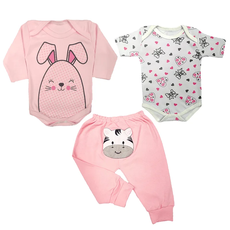 Kit Bebê 3 Peças Body Curto e Longo e Mijão Bumbum Bordado