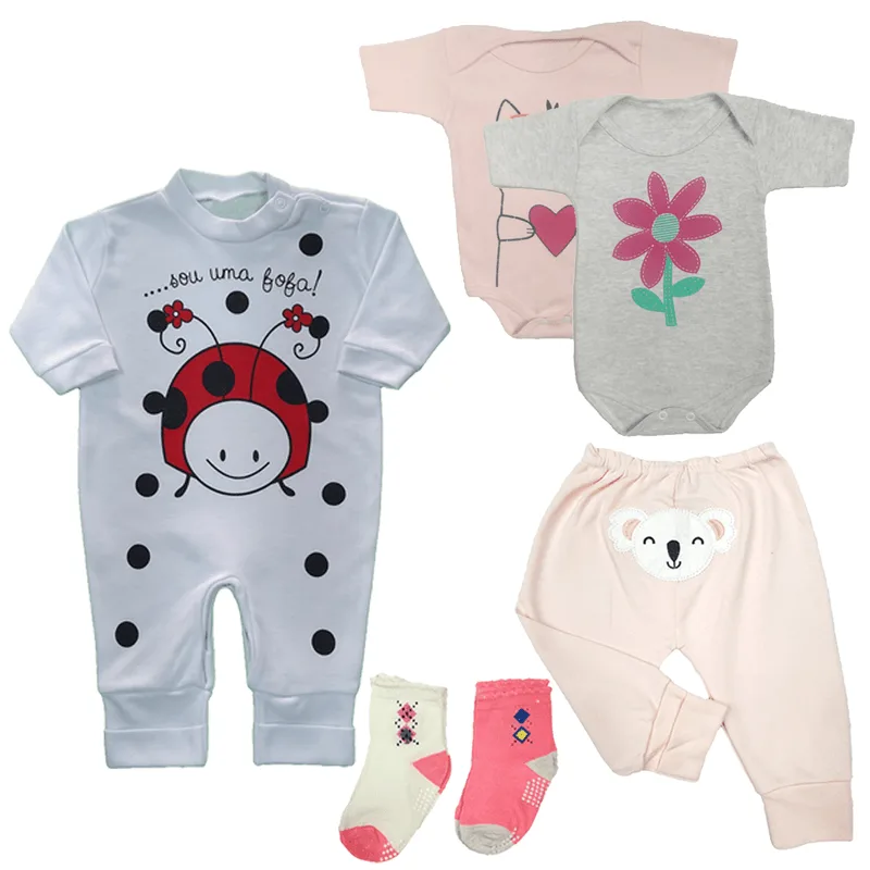 Kit Roupa de Bebê 6 Peças Body Mijão Macacão Suedine e Meias