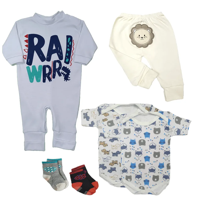 Kit Roupa de Bebê 6 Peças Body Mijão Macacão Suedine e Meias