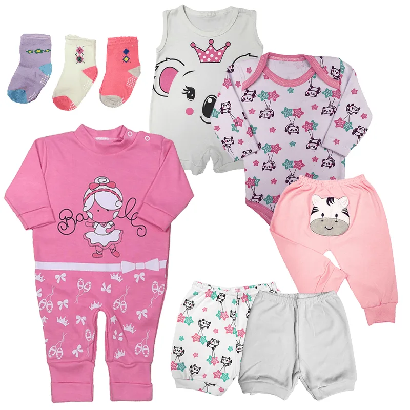 Kit Roupas de Bebê 9 Peças Body Macacão Mijão Shorts e Meias