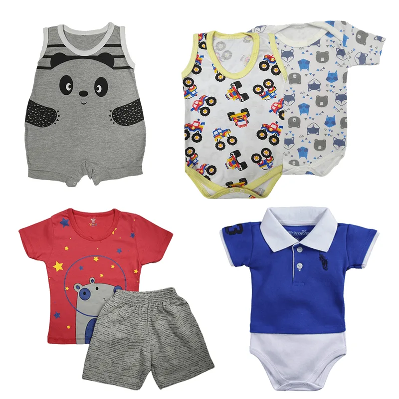 Kit Bebê 6 Peças Body Curto Macacão Regata e Conjunto Verão