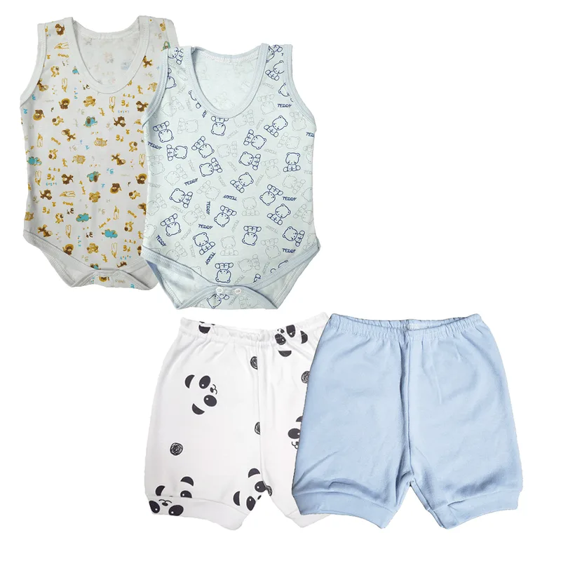 Kit Roupinhas de Bebê 4 Peças Body Regata Estampado e Shorts