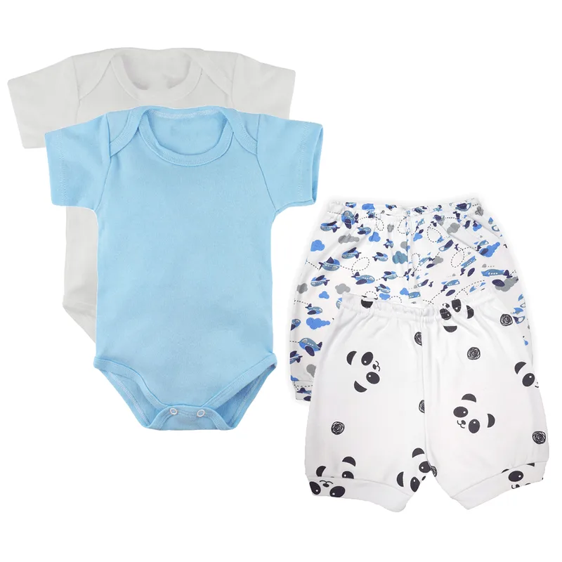 Kit Roupa de Bebê 4 Peças Body Manga Curta e Short Estampado