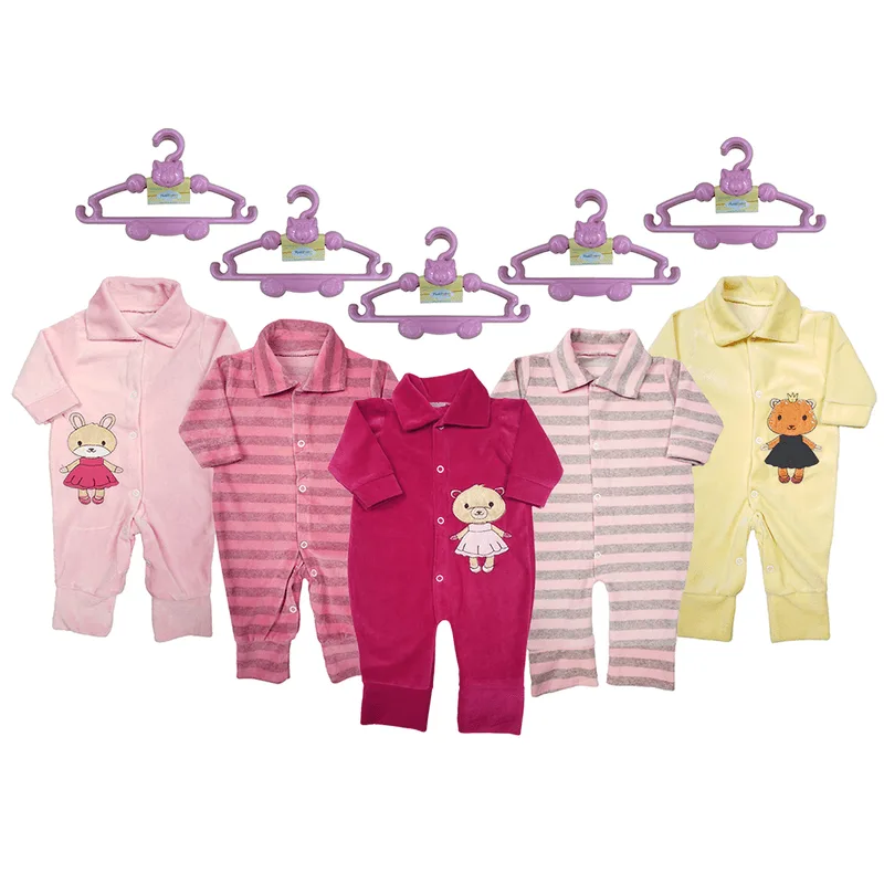 Kit Roupa e Acessórios Bebê 5 Macacão Longo Plush e 5 Cabides
