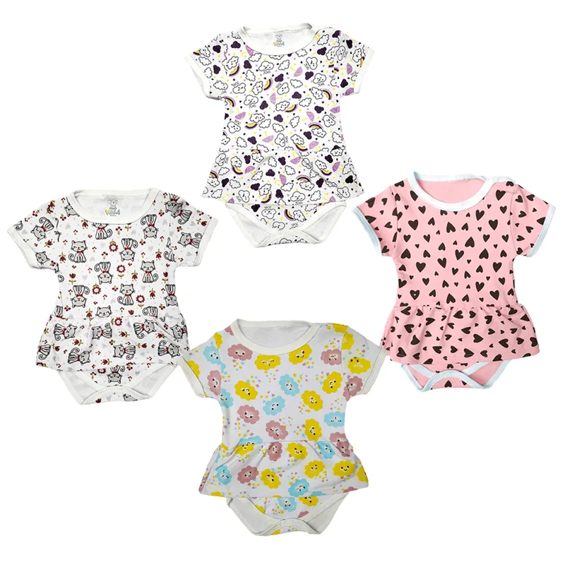 Kit Roupa de Bebê 4 Peças Body Vestido Manga Curta Estampado