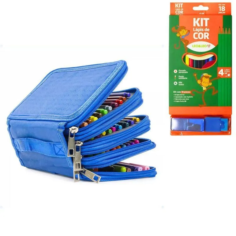 Kit Estojo Escolar Com 4 Compartimentos Mais Kit Lápis De Cor Estojo Com 18 Peças Azul