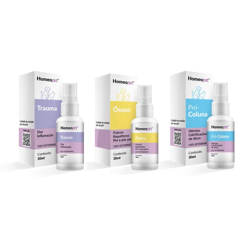 Kit Trauma + Ósseo + Pró Coluna Cães Gatos Homeopet 30ml