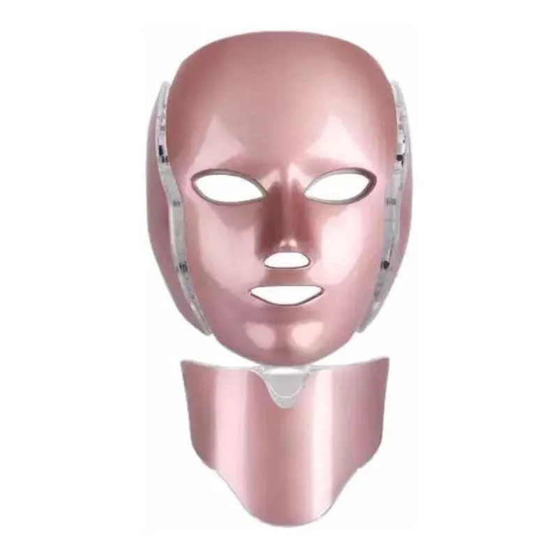 Máscara Led 7 Cores 3 Em 1 Facial E Pecoço 7 Eletrodos Rosa