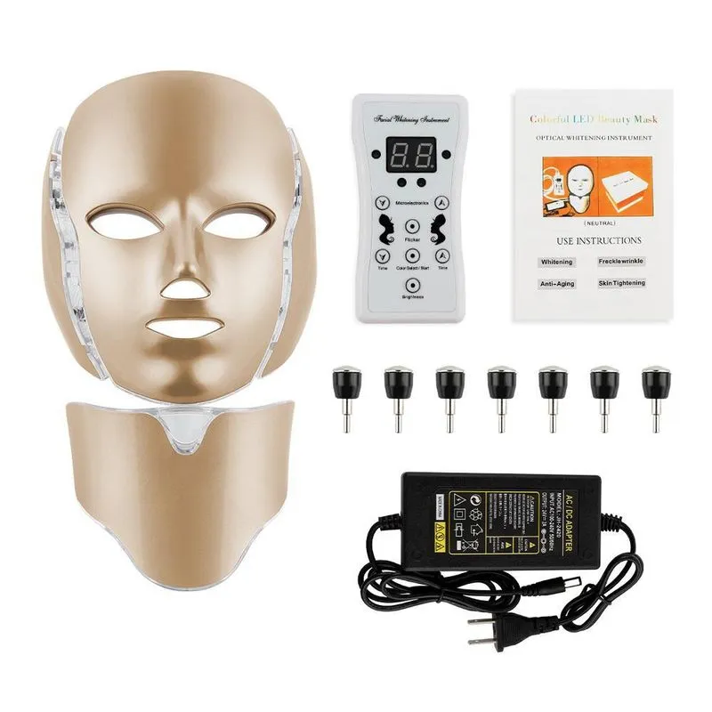 Máscara Led 7 Cores 7 Eletrodos 3 Em 1 Face Pescoço Dourado