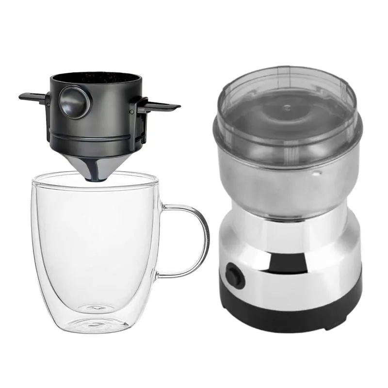 Kit Mini Filtro Café + Moedor Elétrico + Caneca Vidro 350ml