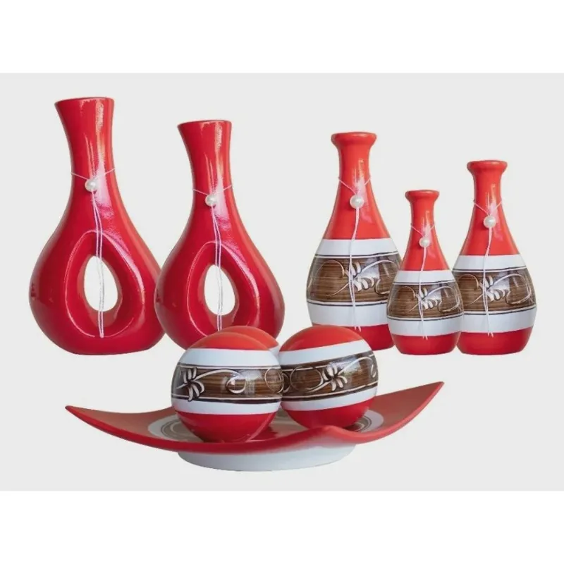 Trio Vasos Cerâmica Bandeija Com Bolas Decoração Rack Sala