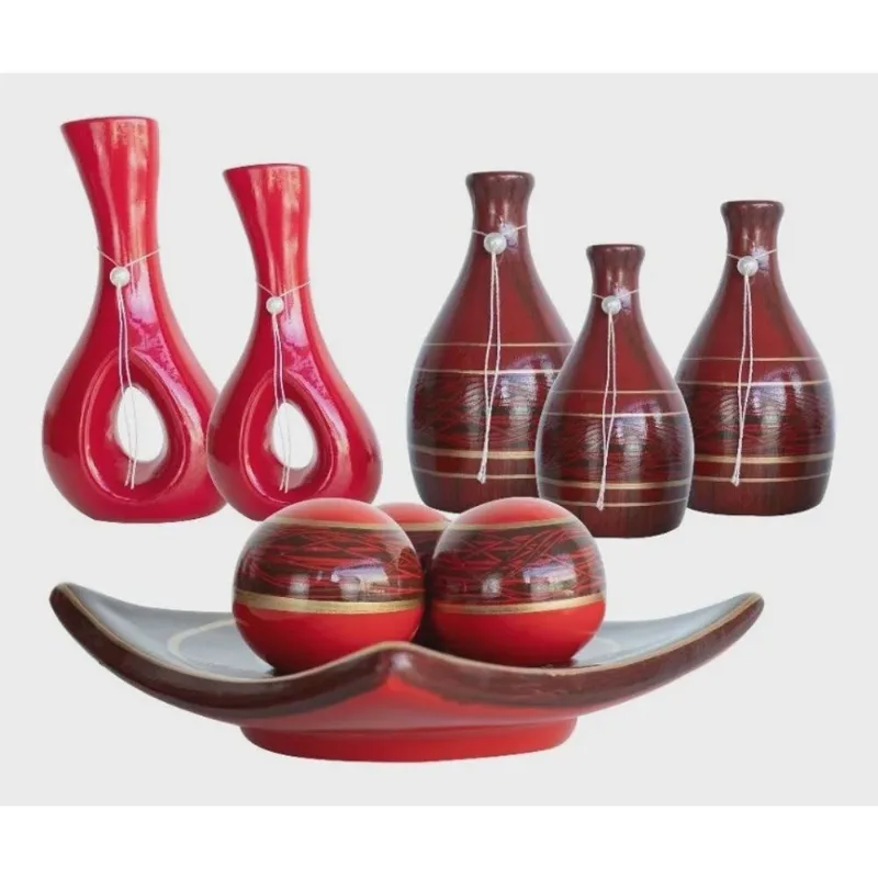 Conjunto Trio Vasos Cerâmica Bandeija Com Bolas Decoração Rack Sala