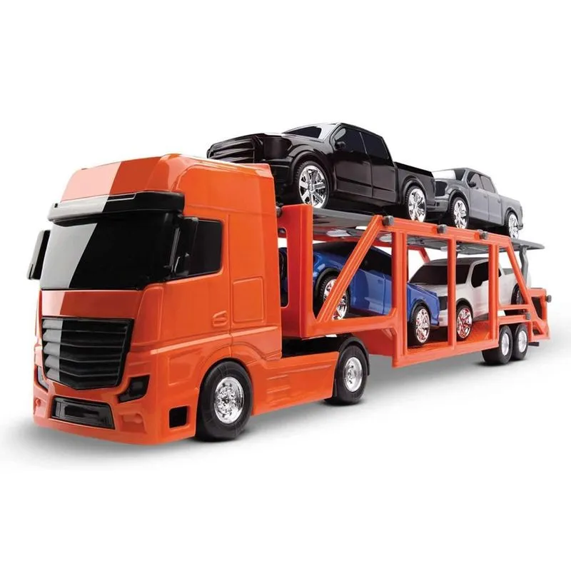 Carreta Cegonheira Laranja Petroleum 32cm c/ 4 Pick-Ups Roma