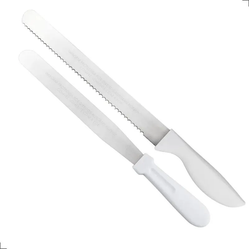 Kit Espátula + Faca De Confeiteiro Em Inox Cabo Branco 32cm