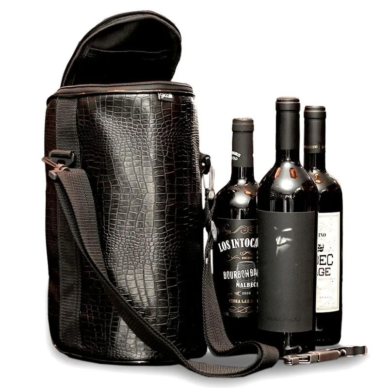 Bolsa Porta Vinho Térmica Com Alça Couro Crocodilo
