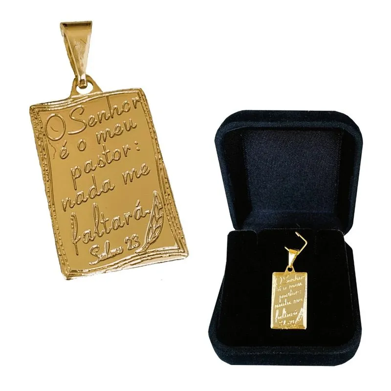 Pingente Placa Medalha O Senhor é O Meu Pastor Banhado a Ouro 18k
