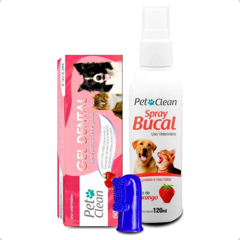 Kit Gel Dental + Spray Bucal + Escova Dedeira Pet Clean Sabo