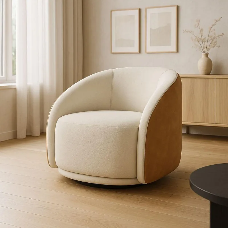 Poltrona Eva 87cm Giratoria Boucle Suave Bege Corino Terracota Premiun Para Sala Luxo