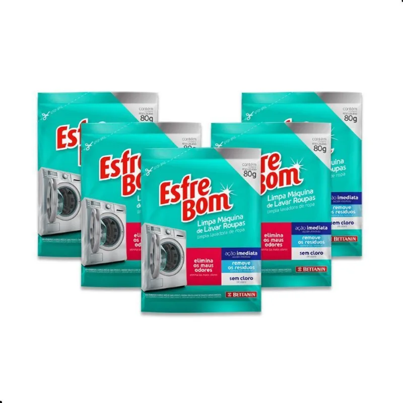Kit Limpa Máquina De Lavar Roupas Esfrebom 80g Bettanin Limpeza Profunda Elimina Odores 5 Unidades