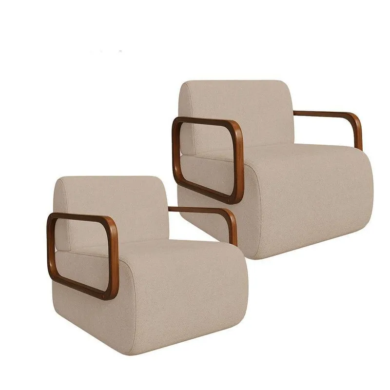 Kit 2 Poltronas Kiev Em Madeira De Eucalipto Com Estofado Bouclé Bege Médio Movellu Home