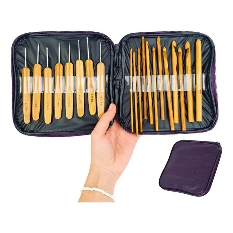 Kit Com 20 Agulhas De Crochê De Bambum Com Estojo - Prm