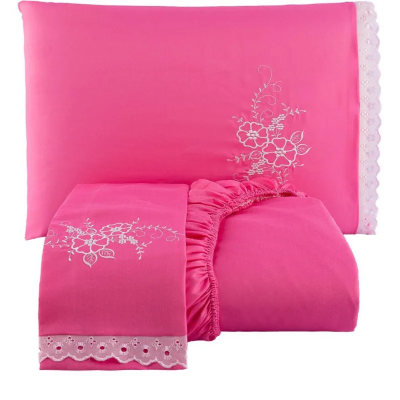 Jogo De Lençol Solteiro 02 Peças Pink Bordado Com Leze